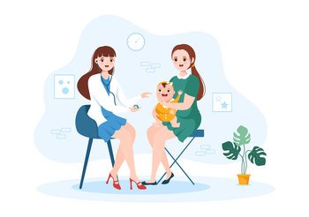 Pediatrician Examines Sick Kids and Baby for Medical Development, Vaccination and Treatment in Flat Cartoon Hand Drawn Templates Illustration