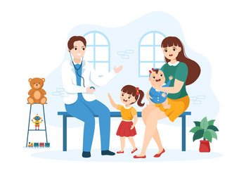 Pediatrician Examines Sick Kids and Baby for Medical Development, Vaccination and Treatment in Flat Cartoon Hand Drawn Templates Illustration