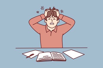 Angry man clutching head sitting at table with workbooks suffering from nervous work or impossible deadlines. Young guy student chafe after made mistake during learning. Flat vector illustration. Angry man clutching head sitting at table with workbooks suffering from nervous work. Vector image