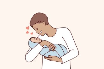 Loving man holds baby in arms and smiles enjoy communication with own son. Young positive father with short hair is happy to see newborn tot wrapped in blanket. Flat vector illustration. Loving man holds newborn baby in arms and smiles enjoy communication with own son. Vector image