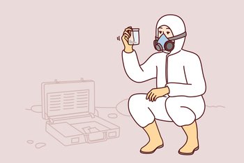 Specialist in chemical protection suit takes sample of earth for further study on analytical harmful substances. Man in respirator examines biohazard samples found on street. Flat vector illustration . Specialist in chemical protection suit takes sample of earth for further study. Vector image