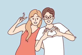 Friendly young man and woman stand in embrace and smiling looking at camera. Guy and girl in casual clothes show different gestures while posing for friendly photo. Flat vector illustration . Friendly young man and woman stand in embrace and smiling looking at camera. Vector image