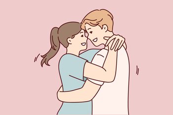 Man and woman in love embrace after long separation, rejoicing at long-awaited meeting. Young couple of guy and girl cling to each other rejoicing at start of date. Flat vector illustration. Man and woman in love embrace after long separation, rejoicing at long-awaited date. Vector image
