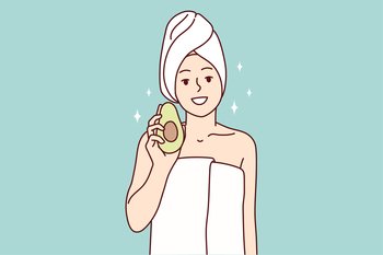 Woman in white towel after getting out of shower or bath recommends using avocado for cosmetic masks. Girl after completion of spa procedures demonstrates fruit that affects beauty. Flat vector image. Woman in white towel after getting out SPA recommends using avocado for cosmetic masks. Vector image