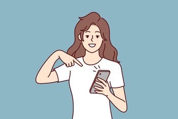 Happy woman points finger at mobile phone screen to announce that read great news. Positive girl with smile is excited about buying new flagship smartphone model with cool camera. Flat vector image . Happy woman points finger at mobile phone screen to announce that has read great news. Vector image