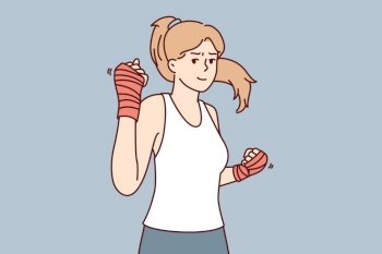 Strong woman with boxing bandages on hands looks at camera inviting to fight or play sports. Beautiful athletic girl is engaged in fitness or learning self-defense techniques. Flat vector image. Strong woman with boxing bandages on hands inviting to fight or play sports. Vector image
