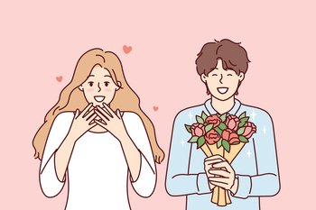 Romantic man holding flowers and happy woman delighted with gift bouquet from boyfriend. Girl in love feels happiness after receiving congratulations on birthday or Valentine Day. Flat vector design . Romantic man holding flowers and happy woman delighted with gift from boyfriend. Vector image