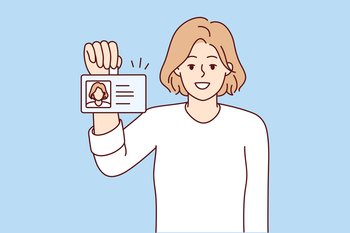 Positive woman shows badge with photo of personal data issued for use in office of corporation. Casual girl with smile and pride demonstrates document to employee company. Flat vector illustration. Positive woman shows badge with photo issued for use in office of corporation. Vector image