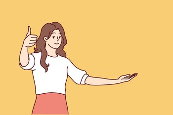 Optimistic woman in casual wear showing thumbs up approving good choice or recommending something. Girl stretches hand to side raising empty palm to demonstrate your product. Flat vector design . Optimistic woman showing thumbs up approving good choice or recommending something. Vector image
