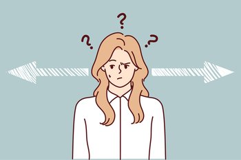 Discouraged woman near arrows pointing in different directions for hard decision concept. Blonde lady in white shirt makes important choice choosing strategy to attract customers. Flat vector image. Woman near arrows pointing in different directions for hard decision concept. Vector image