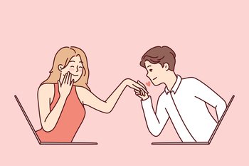Determined guy kisses hand of embarrassed girl looking out of laptop screen. Metaphor of online dating and flirting in email correspondence or remote rendezvous lovers. Flat vector illustration . Determined guy kisses hand of embarrassed girl looking out of laptop screen. Vector image