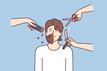 Hands with scissors and shaving devices around man with partially trimmed beard. Half-shaven guy is embarrassed about not wanting haircut or badly chosen barbershop. Flat vector illustration . Hands with scissors and shaving devices around man with partially trimmed beard. Vector image