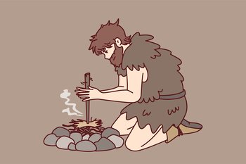 Primitive man on knees near stones for first time breeds bonfire using stick and friction force. Ancient human homo sapiens with beard dressed in skin animal learn to make fire. Flat vector design . Primitive man on knees for first time breeds bonfire using stick and friction force. Vector image