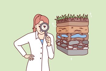 Woman scientist with magnifying glass is engaged in geology in search of deposits of valuable resources. Girl ecologist in white coat conducts examination of soil pollution. Flat vector illustration . Girl ecologist with magnifying glass conducts examination of soil pollution. Vector image