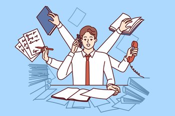 Multi-armed man multitasking with documents and talking on phone at same time sitting in office. Clerk guy wants to achieve career success multitasking to please boss or become manager . Multi-armed man multitasking with documents and talking on phone sitting in office 
