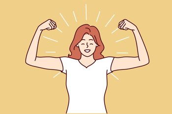Woman shows biceps and smiles standing in strongman pose to demonstrate self-confidence and readiness for new achievements. Girl boasts biceps after going to fitness room and training with trainer . Woman shows biceps and smiles standing in strongman pose to demonstrate self-confidence
