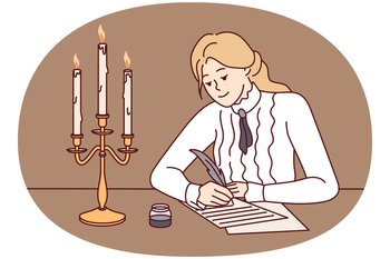 Young woman in retro clothes sit at desk write with feather and candles burning. Happy lady handwrite on paper during old times. Vintage style. Vector illustration.. Woman write with feather in retro style
