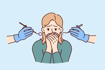 Cowardly woman at dentist appointment closes mouth, suffering from dentophobia and not wanting to treat toothache. Girl in need of oral examination and dentures, is stressed due to dentophobia. Cowardly woman at dentist doctor appointment closes mouth, suffering from dentophobia