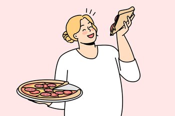 Happy overweight woman with pizza in hands enjoy fast food. Smiling fat female eating Italian food. Body positive. Vector illustration. . Smiling overweight woman with pizza