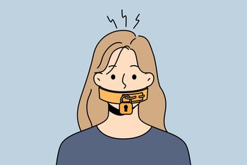 Unhappy young woman with lock on mouth suffer from censorship and communication ban. Stressed female restricted from talking and opinion. Vector illustration. . Woman with lock on mouth 