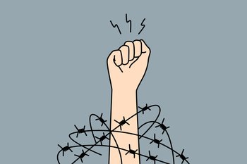 Close-up of hand in fist in wires thrive for independence and freedom. Raised hand with clenched fist fight for human rights. Vector illustration. . Hand with clenched fist fighting for freedom