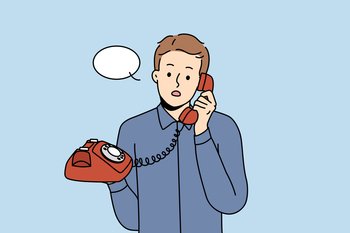Stunned young man talking on landline phone. Amazed male with speech bubble above head speak on wired headset. Vector illustration. . Stunned young man talk on landline phone 