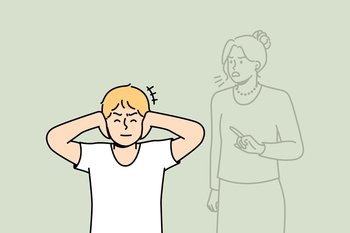 Boy closes ears not to hear voice of his mother or teacher scolding him. Schoolboy feels like he is constantly being criticized. Psychological pressure in family. Vector outline colorful illustration.. Boy closes ears not to hear voice of his mother.