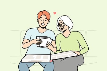 Elderly woman and her son are looking at old photos in photobook. Grandmother tells her grandson about relatives, events in pictures in photograph album. Vector thin line colored illustration.. Elderly woman and her son are looking at old photos.