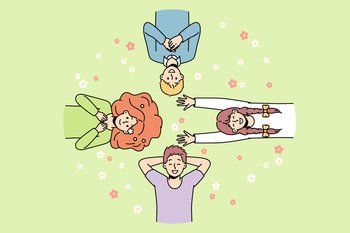 Guys, girls lie on grass among flowers in different directions, look at sky, laugh. Friends spend time at lawn. Top view. Hello spring, summer concept. Vector colorful outline illustration.. Guys, girls lie on grass among flowers, look at sky.