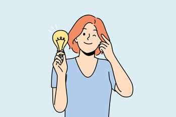 Smiling young woman with lightbulb in hand develop creative idea. Happy female with light bulb generate business thought or strategy. Innovation concept. Vector illustration. . Smiling woman with lightbulb develop business idea 