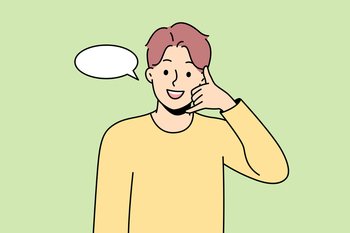 Smiling young man with telephone gesture show call sign. Happy guy with speech bubble above head ask to dial or telephone. Vector illustration. . Smiling man show call me gesture 