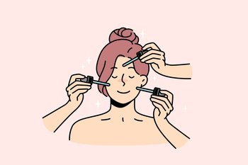 Happy young woman get skin treatment in salon. Smiling female feel relaxed receive beauty skincare facial procedures in spa. Beautician and cosmetology. Vector illustration. . Happy woman get facial treatment in spa