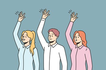 Happy businesspeople raise hands vote at workplace. Smiling employees engaged in teambuilding activity. Teamwork concept. Vector illustration. . Smiling businesspeople raise hands 