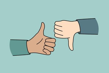 Closeup of people hands showing thumb up and down. Man or woman demonstrate like or dislike. Approval and disapproval. Vector illustration. . People hands showing thumb up and down 