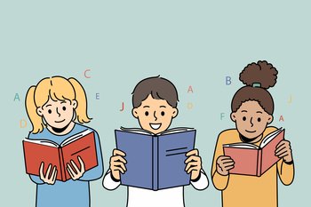 Smiling little children reading books together. Happy kids have fun enjoy literature at school. Education and learning. Vector illustration. . Smiling children reading books 