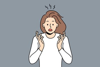 Stunned young woman feeling shocked and scared with unexpected news or message. Shocked girl terrified or astonished show emotions. Vector illustration. . Stunned woman feel shocked and scared