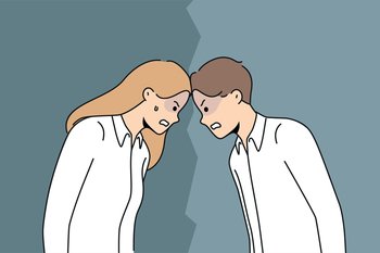 Angry man and woman confrontation at workplace. Furious male and female rivals or competitors fight at work. Rivalry and competition. Vector illustration. . Furious man and woman confrontation at workplace 