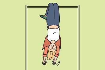 Overjoyed young woman hanging on horizontal bar upside down. Smiling girl have fun exercising outdoors on sport playground. Vector illustration. . Overjoyed woman hanging upside down on bar