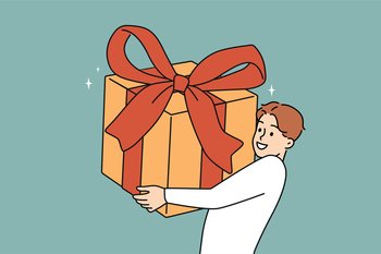 Overjoyed young man holding huge wrapped gift in hands excited with birthday celebration. Smiling guy with present greeting or congratulating. Vector illustration. . Smiling man holding huge gift in hands 