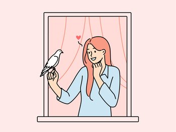 Smiling woman in house window holding pigeon in hands. Girl in love sending love letter with bird. Vector illustration. . Smiling woman in window send letter with pigeon 
