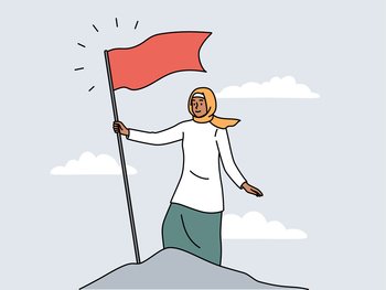 Smiling Arabic woman in hijab reach mountain peak put red flag on top. Successful arab female reach goal or aim. Success and victory. Vector illustration. . Arabic woman put red flag on mountain peak 
