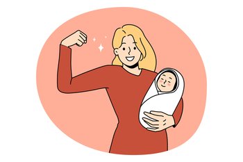 Superhero mother and strength concept. Young smiling woman mother standing holding newborn infant baby in hands showing strong arm vector illustration. Superhero mother and strength concept.