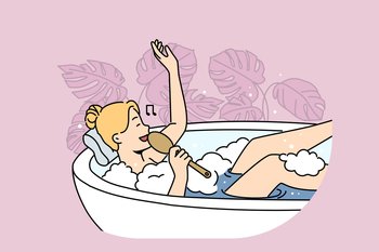 Happy woman lying in bathtub relaxing singing with brush. Smiling girl rest in bath with bubbles enjoy spa day at home. Hygiene and wellness. Vector illustration. . Woman lying in bathtub singing 