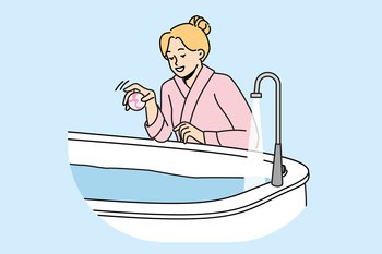 Happy woman in bathrobe throw bath bomb to bathtub. Smiling girl enjoy warm bath at home. Hygiene and beauty procedures. Vector illustration. . Woman enjoy bath with beauty bomb