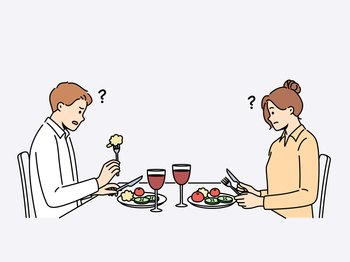 Confused couple sit at table in restaurant eating bad meal at dinner. Distressed man and woman dissatisfied with food in cafe. Vector illustration. . Confused couple dislike food in restaurant 