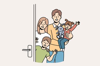 Family with children stands near door, inviting guests to banquet and waving hands in greeting. Young family with kids looks at screen in friendly way, posing on threshold of new apartment.. Family with children stands near door, inviting guests to banquet and waving hands in greeting