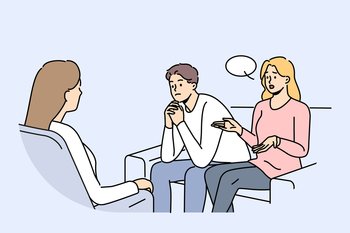 Couple at family therapist in office, sitting on couch talking about problems and quarrels. Woman family therapist helps people get rid of conflicts and misunderstandings in their life together. Couple at family therapist in office, sitting on couch talking about problems and quarrels