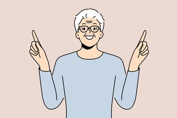 Eldery man came up with idea and points fingers up with smile to draw attention to your ad. Gray-haired pensioner in glasses recommends paying attention to good offer or cool idea.. Eldery man came up with idea and points fingers up with smile to draw attention to your ad