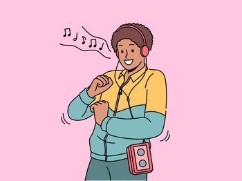 African American man in retro clothes with cassette player on belt listens to music in old-fashioned headphones. Ethnic hippie guy from 90s dances to reggae music playing in tape recorder. African American man in retro clothes with cassette player on belt listens to music in headphones
