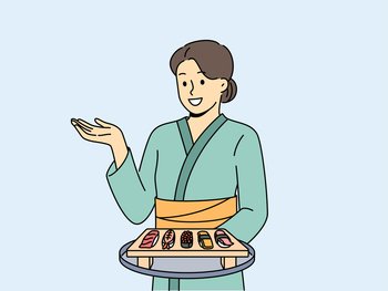 Woman sushi master with maki appetizer on wooden tray dressed in traditional asian kimono. Girl works in japanese food restaurant serving sushi from rice and fresh seafood to visitors.. Woman sushi master with maki appetizer on wooden tray dressed in traditional asian kimono
